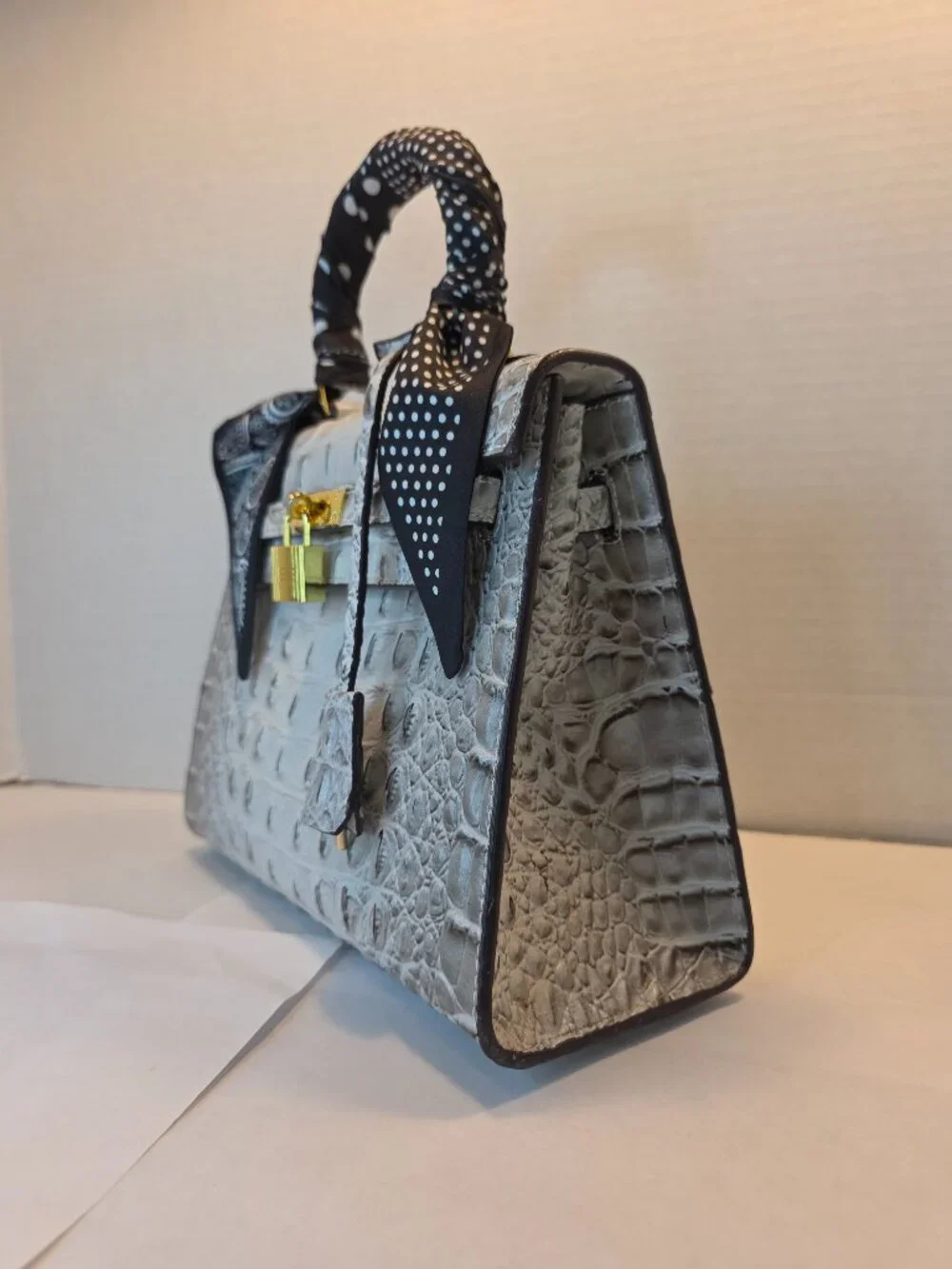 Beautiful Croc Embossed Top Handle Fashion Bag with Padlock  & Twilly NWOT